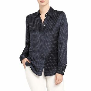 Theory Cupro Navy Polka Dot Blouse Covered Placket Size M